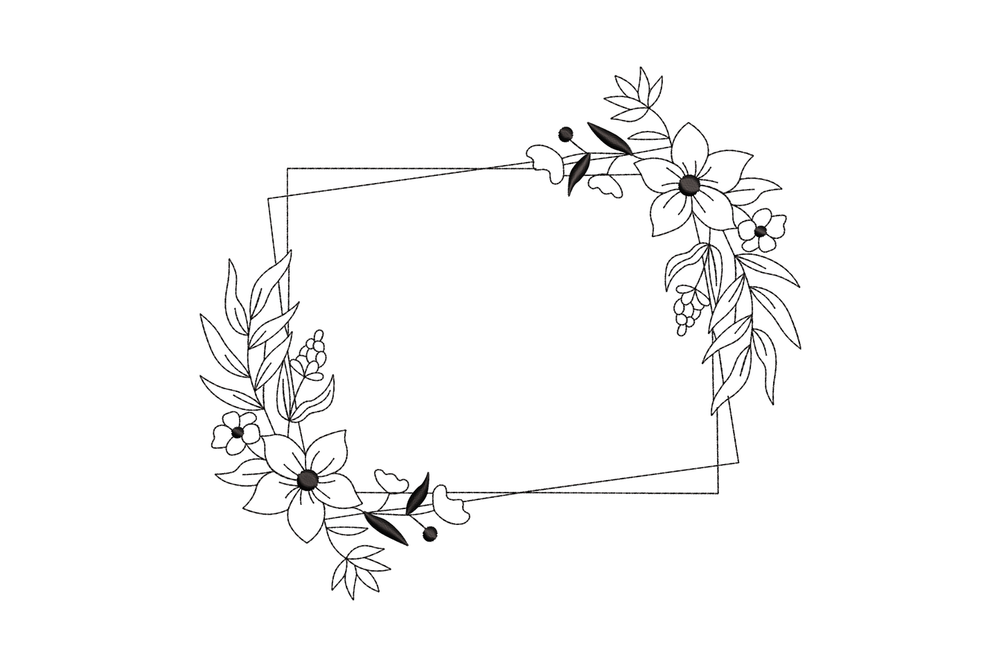 Floral frame outline embroidery, asymmetric pentagon line frame with anemone and leaf clusters at opposite corners.