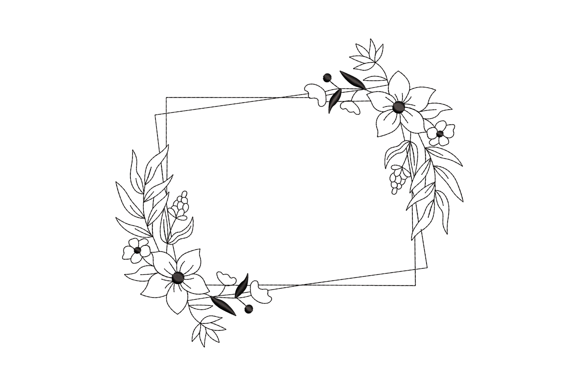 Floral frame outline embroidery, asymmetric pentagon line frame with anemone and leaf clusters at opposite corners.