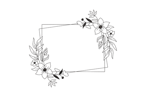 Floral frame outline embroidery, asymmetric pentagon line frame with anemone and leaf clusters at opposite corners.