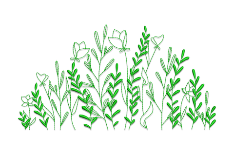Floral garden border machine embroidery design showing a wildflower meadow scene with dark green grasses, poppy blooms and fern sprigs in an open outline style