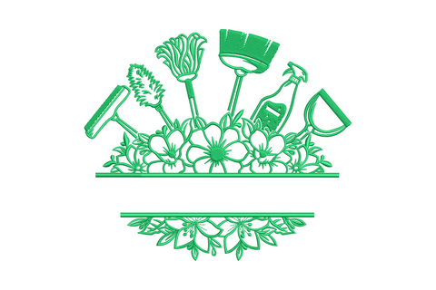 Floral gardening tools border embroidery, fan of garden tools above daisy flowers, single green thread, 3 sizes