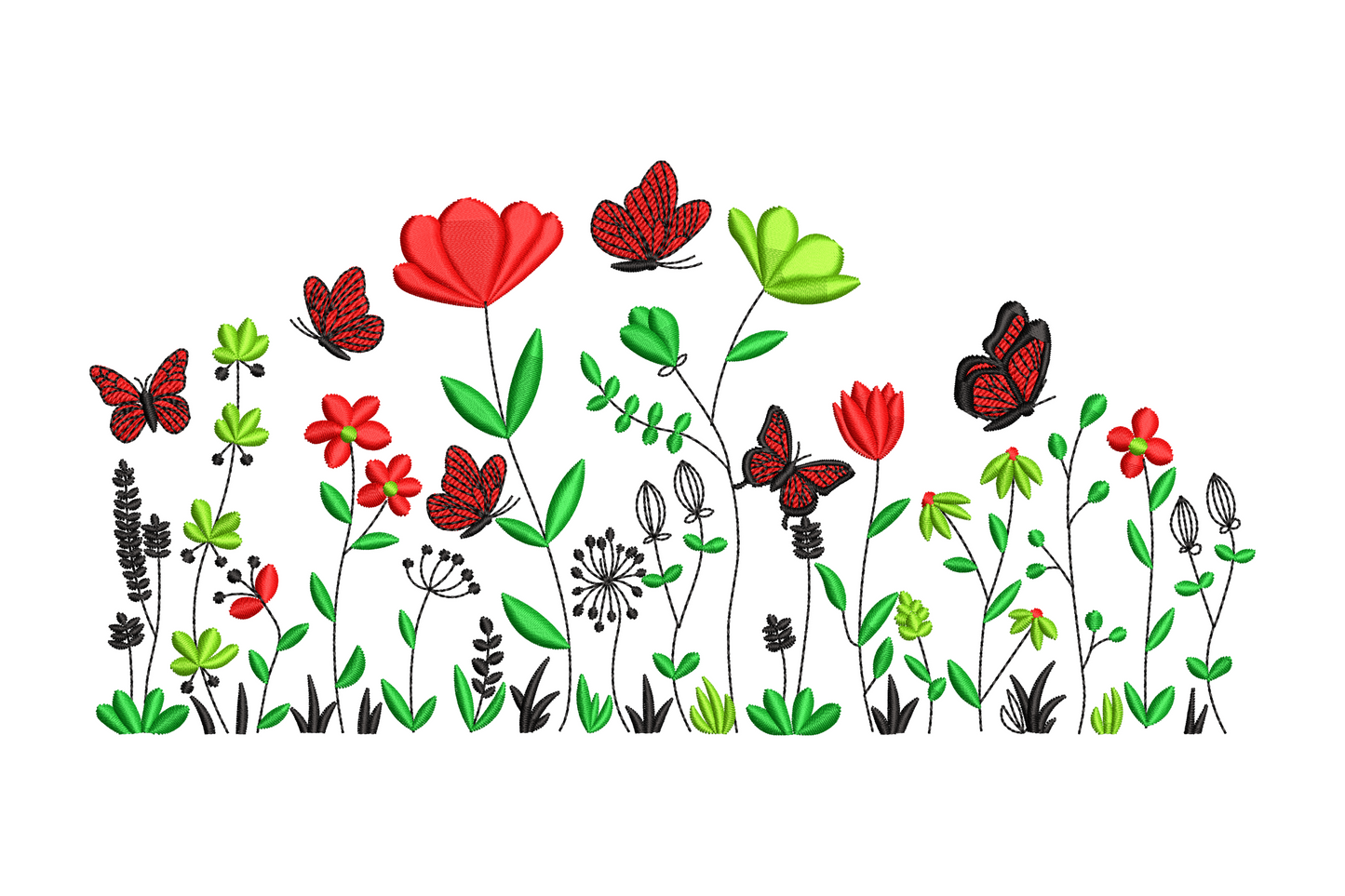 Floral garden embroidery with red monarch butterflies, poppies, green clovers and seed pods, 3 sizes up to 8.5x4.19 inches, 4 thread colours