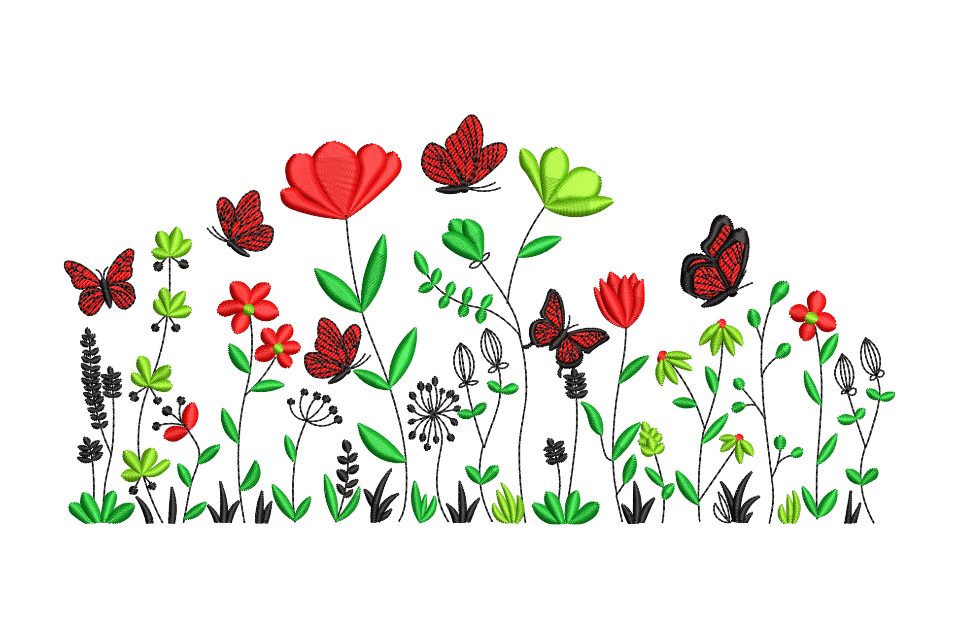 Floral garden embroidery with red monarch butterflies, poppies, green clovers and seed pods, 3 sizes up to 8.5x4.19 inches, 4 thread colours