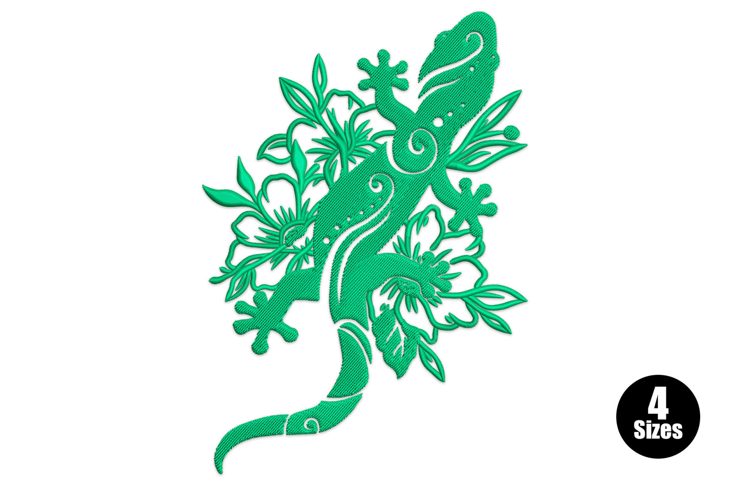 Floral gecko lizard machine embroidery design, climbing lizard with tropical flowers, green thread, sizes 4-5 inch