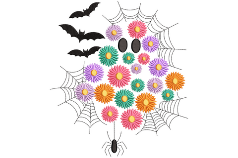 Floral ghost halloween embroidery design with flower crown of pink coral and lavender blooms, white cartoon ghost in seven colour botanical halloween machine embroidery