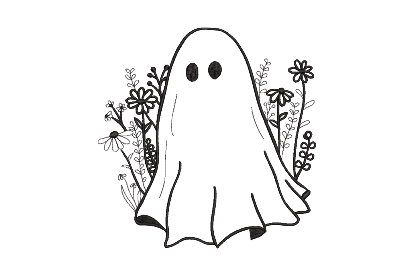 Floral ghost halloween embroidery design surrounded by wildflower daisies and botanical stems in black thread