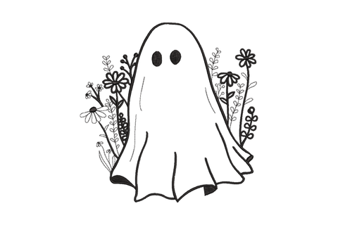 Floral ghost halloween embroidery design surrounded by wildflower daisies and botanical stems in black thread