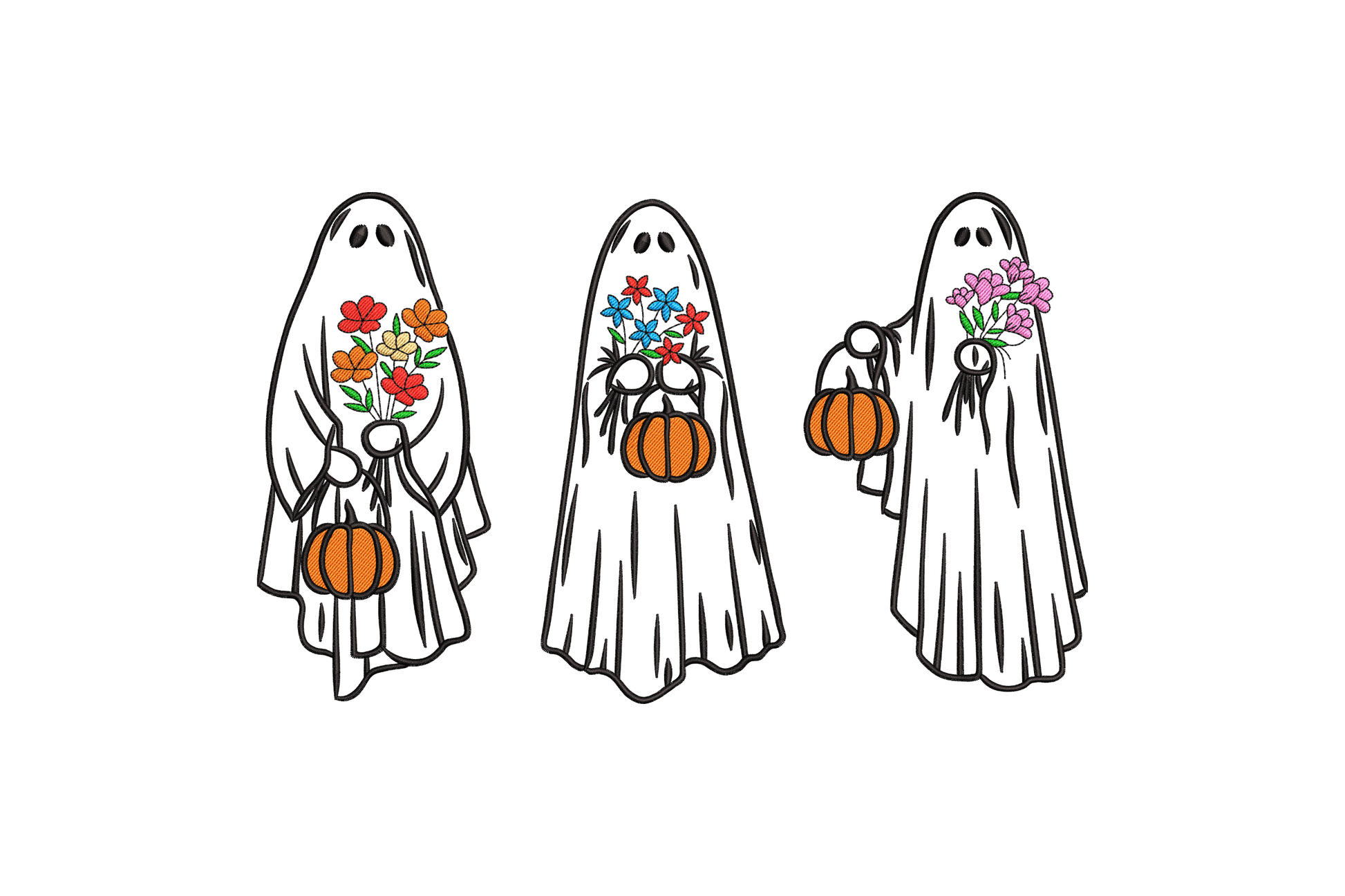 Three sheet ghosts each holding colourful floral bouquets and orange pumpkins, clean outline style with white ghost bodies and bright flower fills.