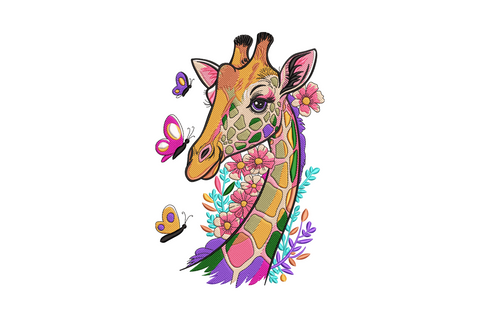 Floral giraffe embroidery design with botanical flowers, 12 colours, 4 sizes 5.5 to 8.5 inches, nursery animal