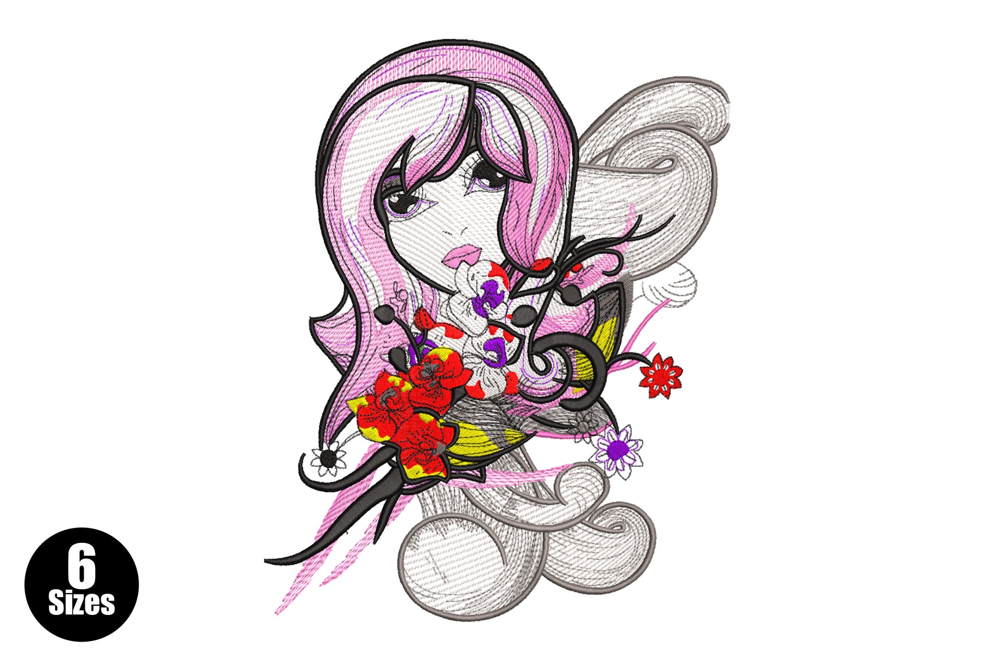 Floral girl portrait embroidery design with anime-style lavender hair, bold outline face, swirling grey forms and a vivid bouquet of red poppies and purple blooms.