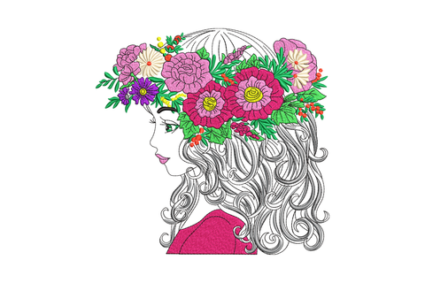 Floral girl silhouette embroidery design in 10 colors with pink peonies crown and grey curly hair portrait