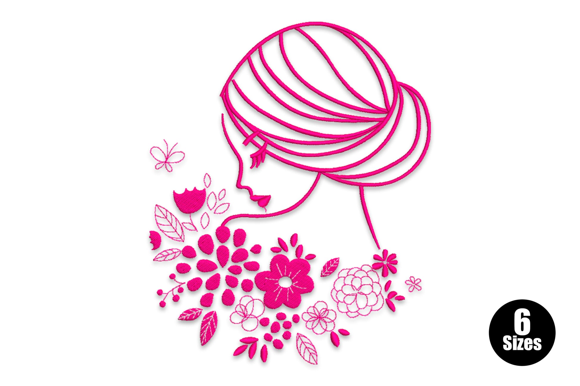 Floral girl silhouette machine embroidery design with botanical flower detail in 2 thread colours on white background