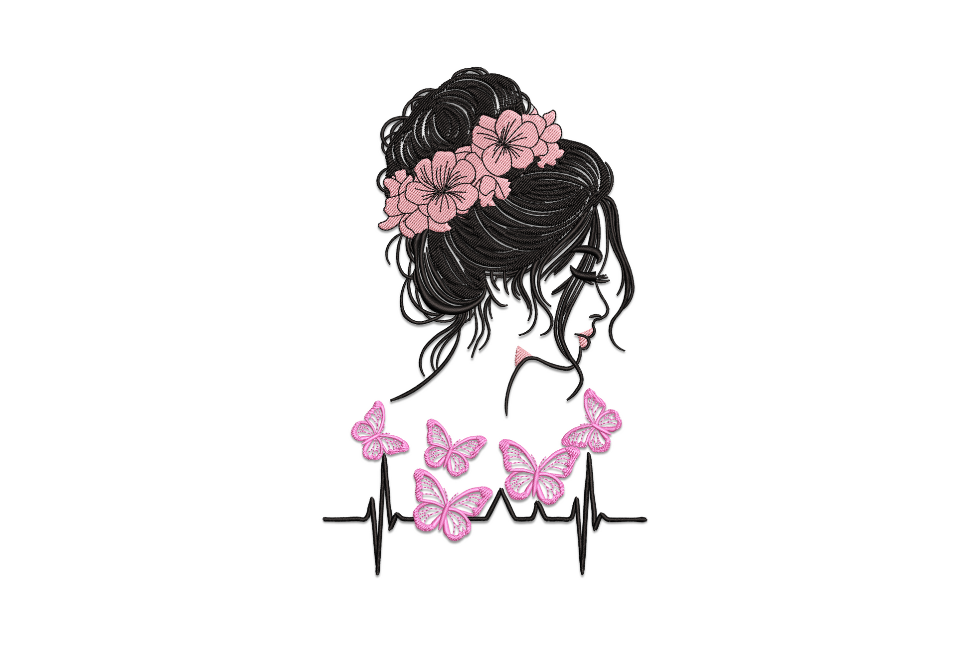 Feminine floral girl silhouette with butterflies and EKG line, 3-colour machine embroidery, 5 sizes 2.2 to 4.8 inches wide