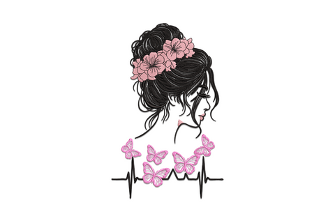 Feminine floral girl silhouette with butterflies and EKG line, 3-colour machine embroidery, 5 sizes 2.2 to 4.8 inches wide