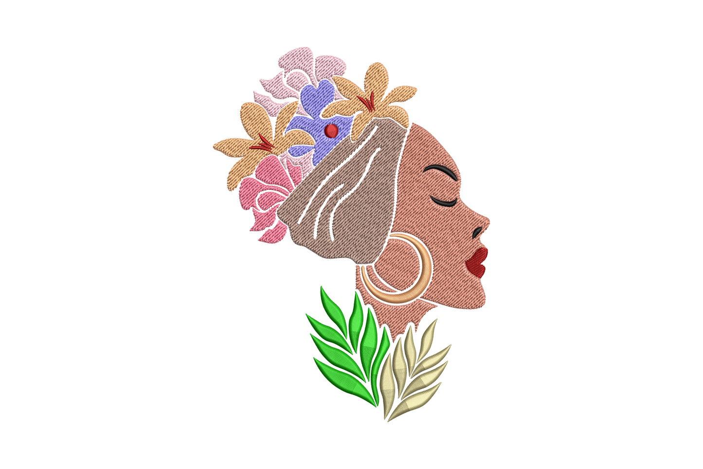 Floral goddess profile, African woman side portrait with flower crown of lilies and leaves, gold hoop earring and red lips.