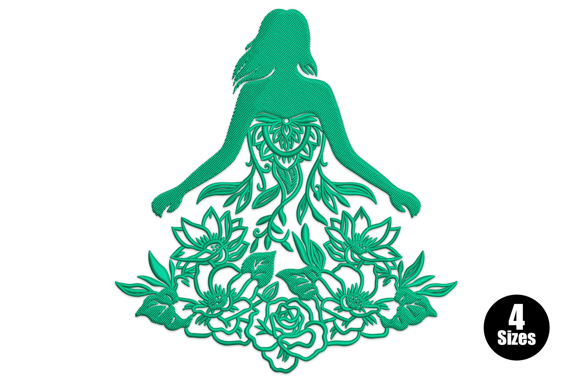 Floral goddess silhouette embroidery design, seated woman figure with botanical rose spray base in teal green