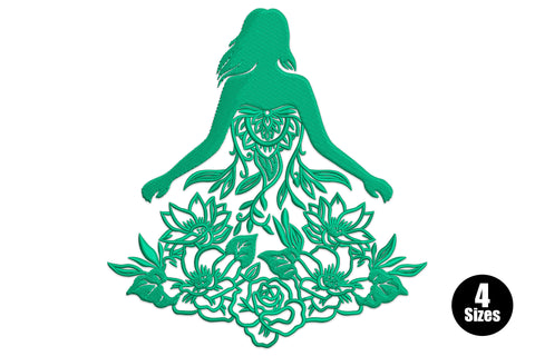 Floral goddess silhouette embroidery design, seated woman figure with botanical rose spray base in teal green