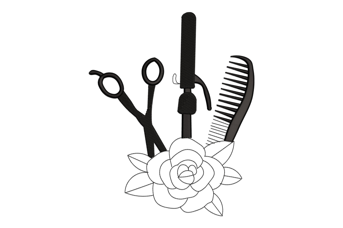 Floral hairdresser tools embroidery: scissors, curling iron and comb fanned upward with a rose bloom at the base in outline and solid fills.