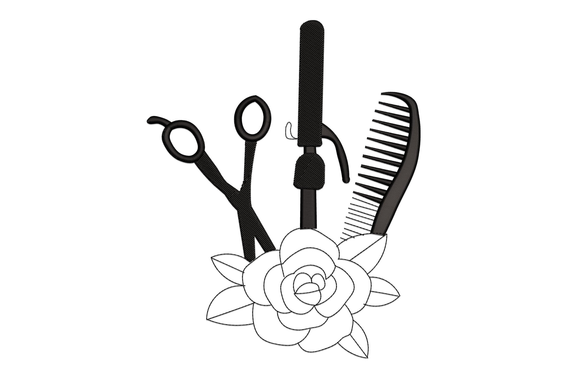 Floral hairdresser tools embroidery: scissors, curling iron and comb fanned upward with a rose bloom at the base in outline and solid fills.