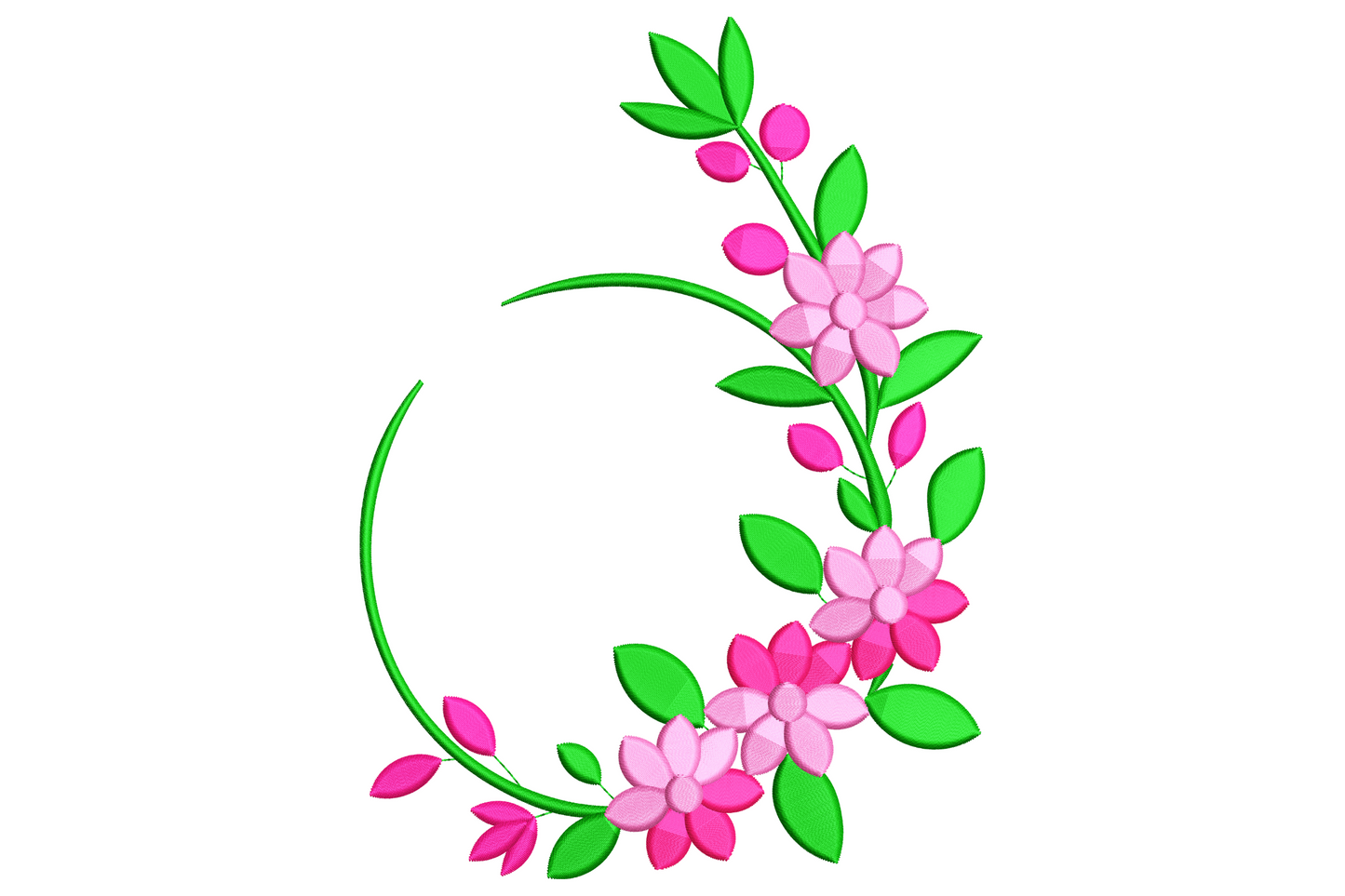 Floral half wreath frame embroidery, pink and magenta flowers with emerald green leaves curling along an open right side frame.