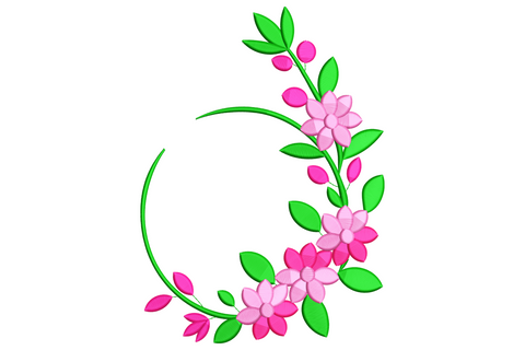 Floral half wreath frame embroidery, pink and magenta flowers with emerald green leaves curling along an open right side frame.