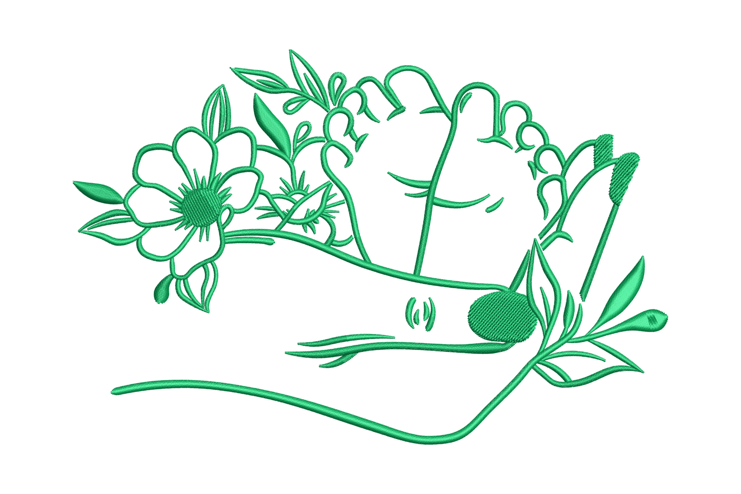 Floral hand outline embroidery, upward hand with flowers and botanical sprigs, single green thread, 4 sizes