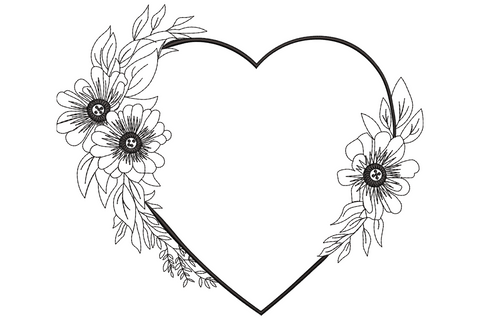 Floral heart frame machine embroidery design with a heart shape built from botanical running-stitch line art flowers leaves and vines in single black thread with no fill stitches