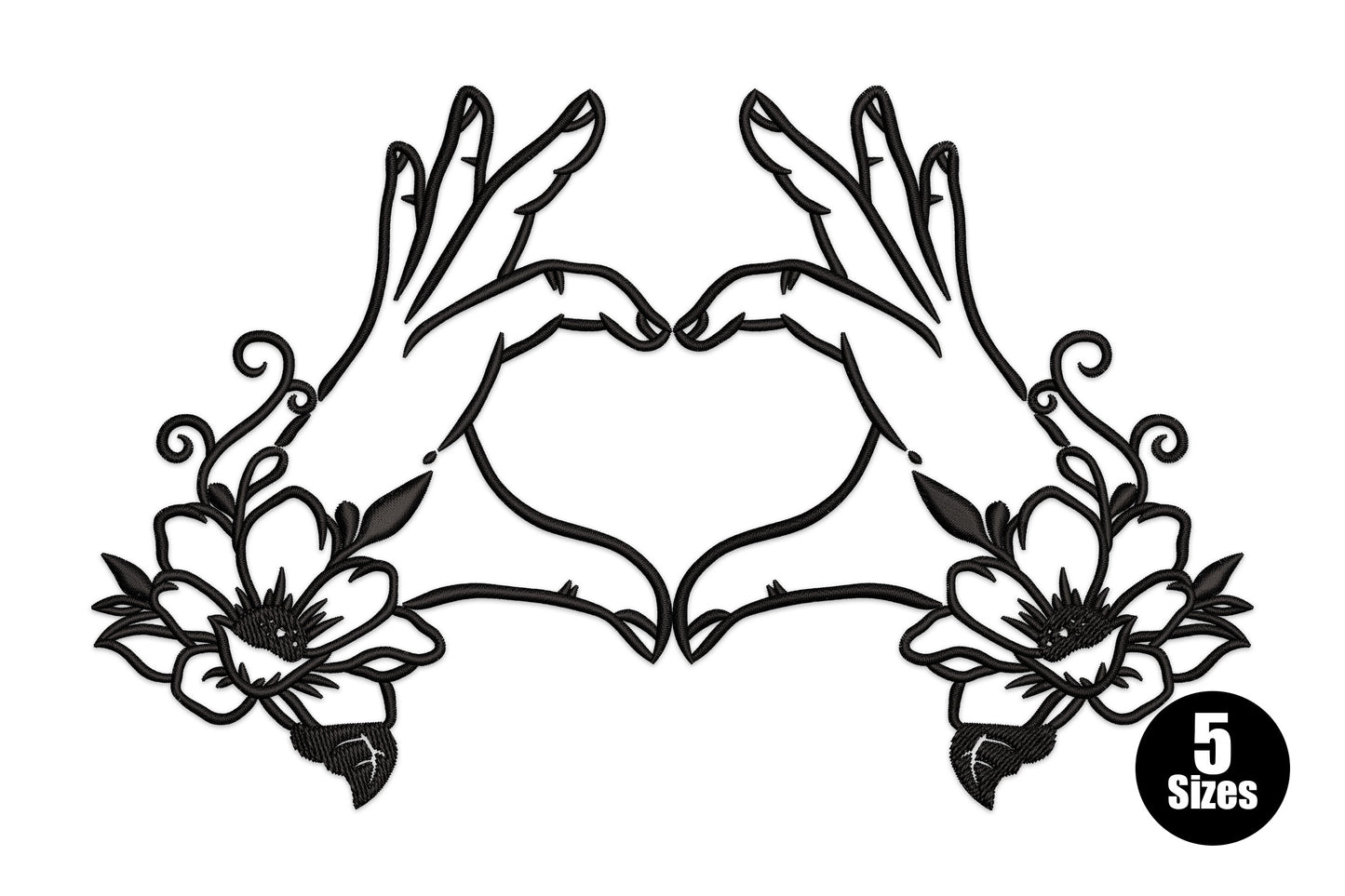 Floral heart hands embroidery design, ornate mirrored hands with flowers and scrollwork, black thread, 5 sizes 2.5-5 inch