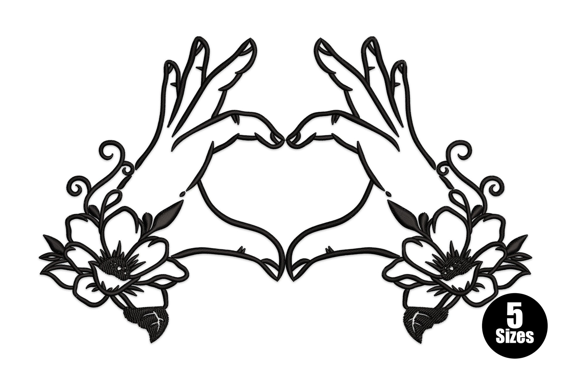Floral heart hands embroidery design, ornate mirrored hands with flowers and scrollwork, black thread, 5 sizes 2.5-5 inch