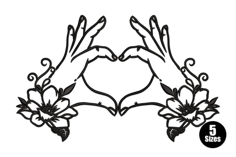 Floral heart hands embroidery design, ornate mirrored hands with flowers and scrollwork, black thread, 5 sizes 2.5-5 inch