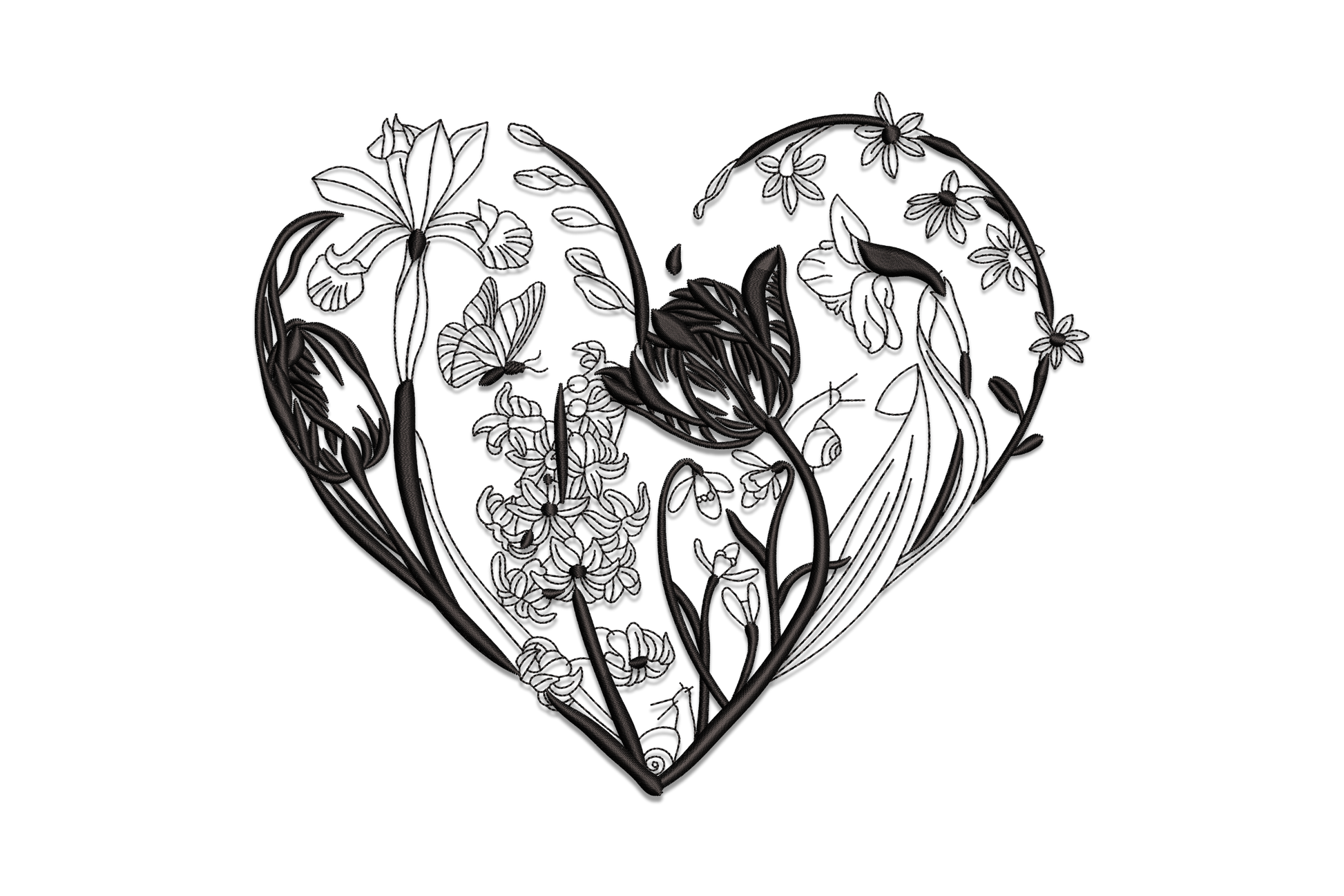 Floral heart line art embroidery design with irises, butterfly and botanical details in black thread