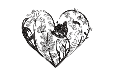 Floral heart line art embroidery design with irises, butterfly and botanical details in black thread