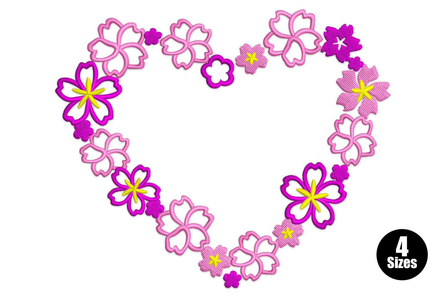 Floral heart embroidery, ring of pink cherry blossoms with yellow star centres forming a heart with hollow middle.