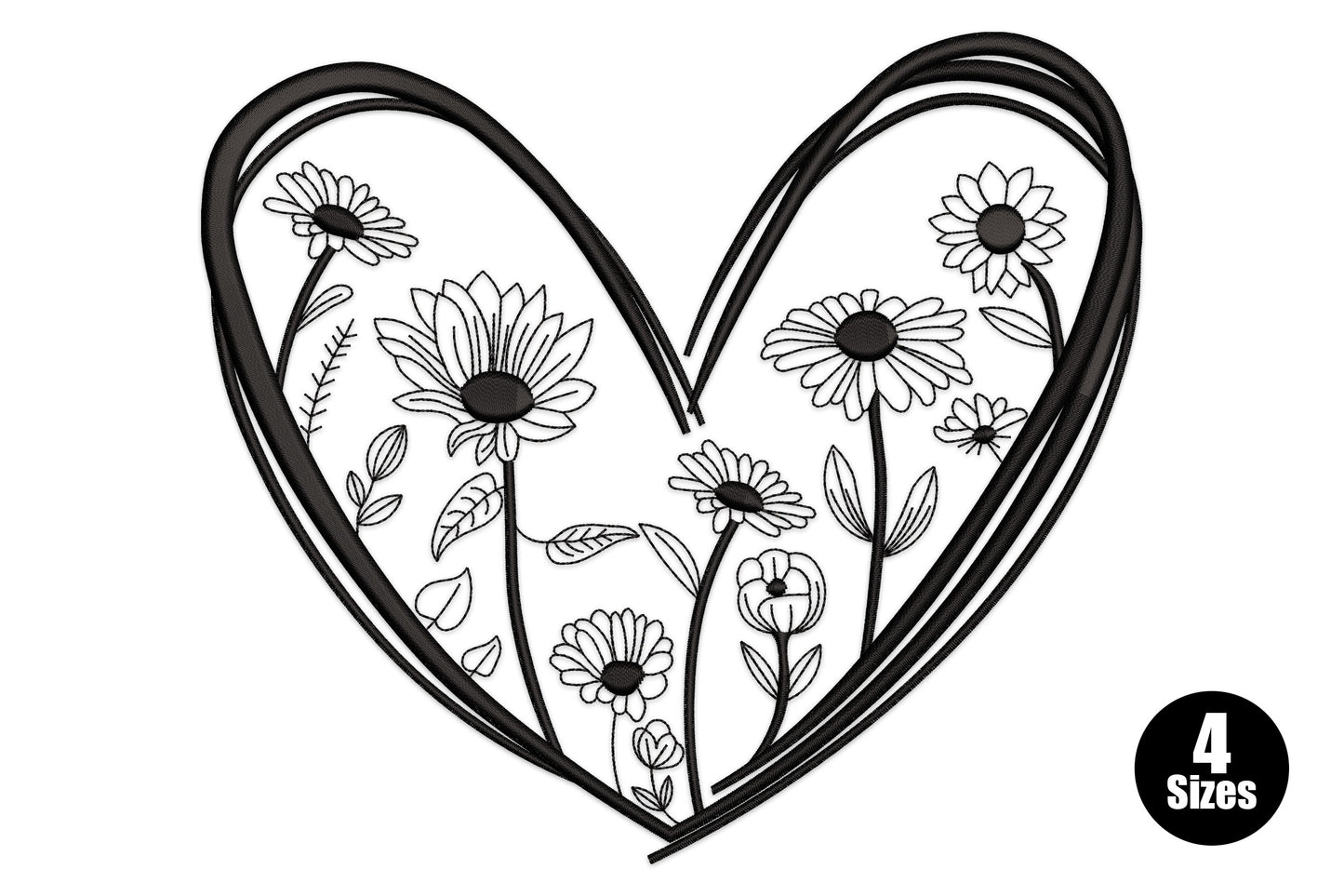 Floral heart outline machine embroidery design with botanical line-work interior including leaves and small florals inside a clean heart silhouette, single colour on white fabric