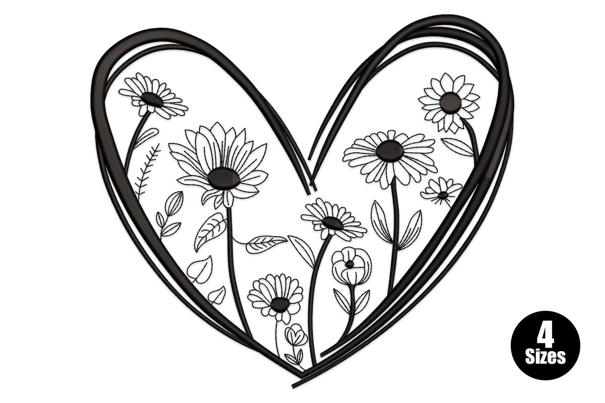 Floral heart outline machine embroidery design with botanical line-work interior including leaves and small florals inside a clean heart silhouette, single colour on white fabric