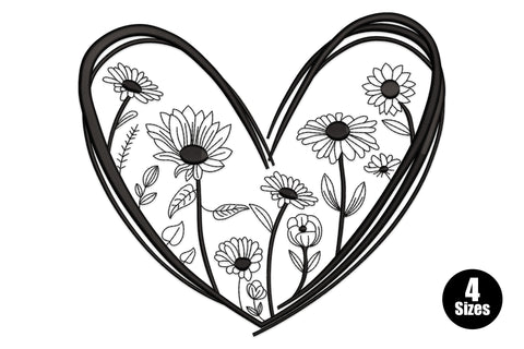 Floral heart outline machine embroidery design with botanical line-work interior including leaves and small florals inside a clean heart silhouette, single colour on white fabric