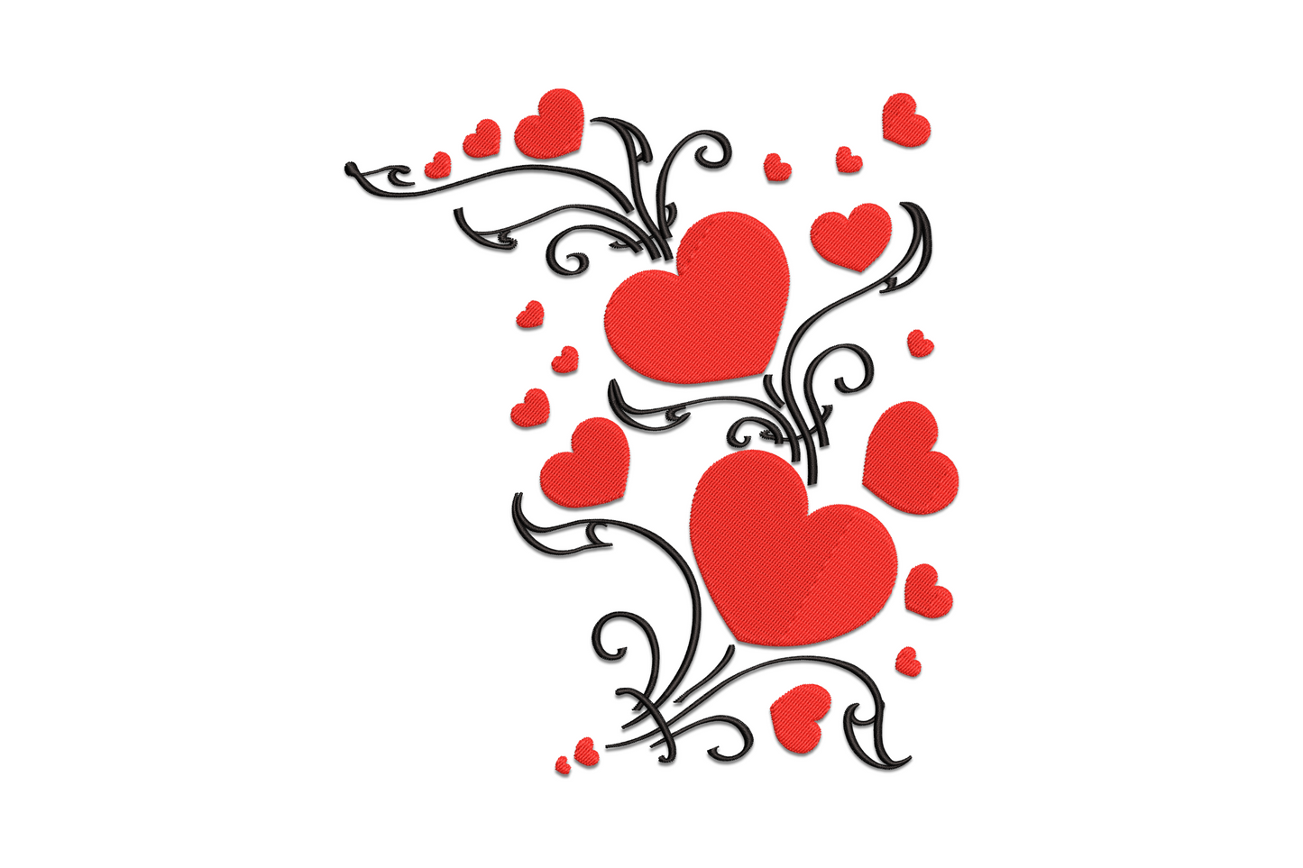 Machine embroidery heart built from swirling floral vines and small rose blooms in cream thread on white background