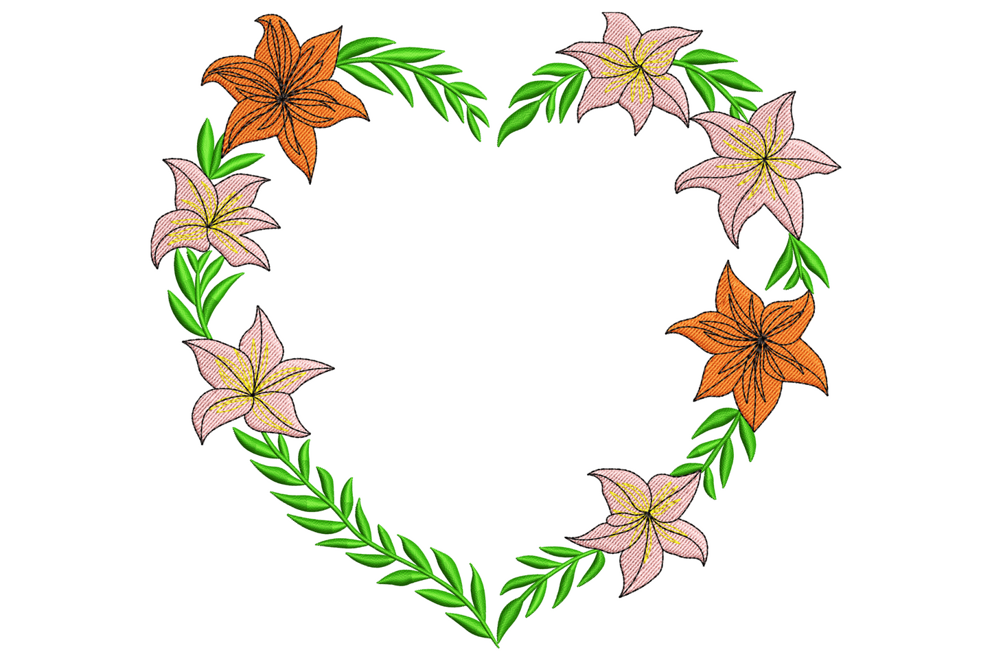 Heart-shaped wreath embroidery design with green fern leaves and alternating coral and pink lilies with yellow stamens.