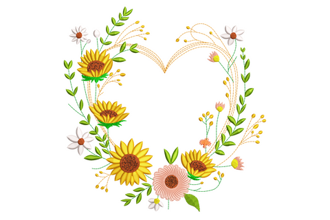 Floral heart wreath embroidery design with yellow sunflowers, white daisies, sage leaves and pink wildflowers on white.