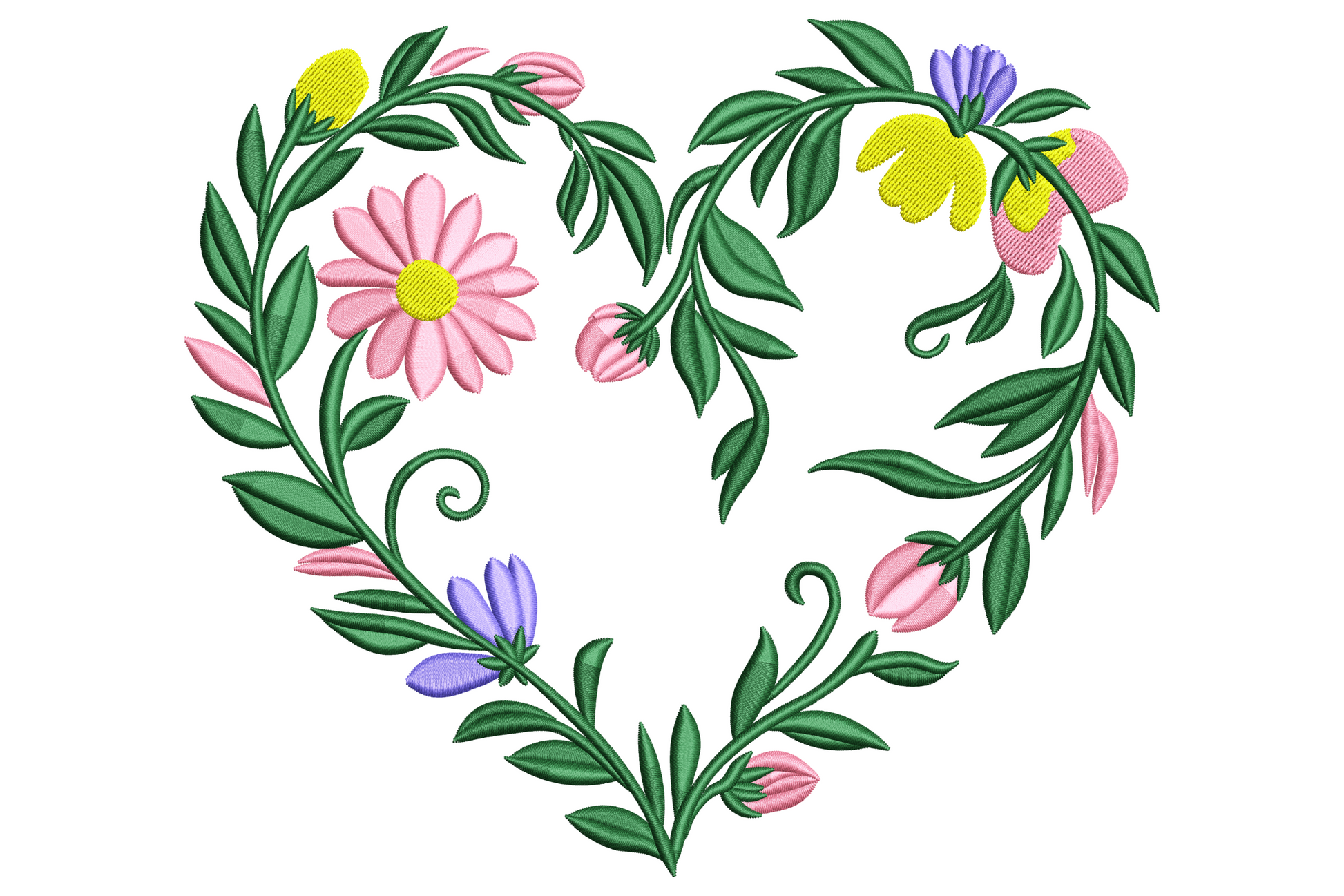 Floral heart wreath machine embroidery design, four colours, botanical flowers and leaves arranged in heart outline, dusty pink and ivory blooms, 3.5 to 7.5 inch sizes.