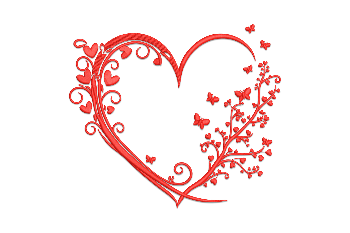 Floral heart butterflies embroidery, heart outline made of flowers and leaves with butterflies, single colour outline style