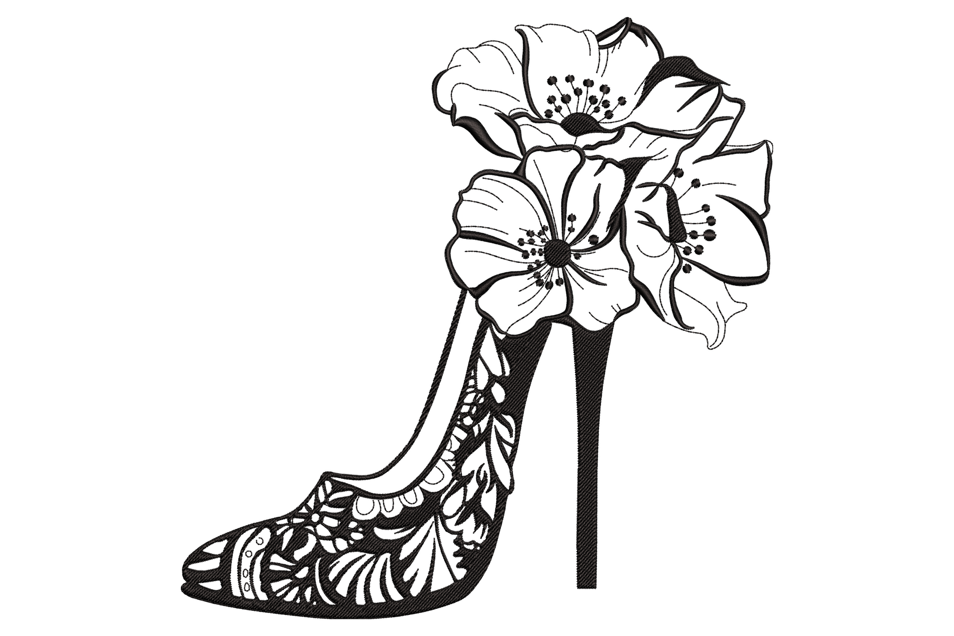Floral high heel shoe embroidery, stiletto profile with botanical bloom and leaf pattern fills, single colour line-art.