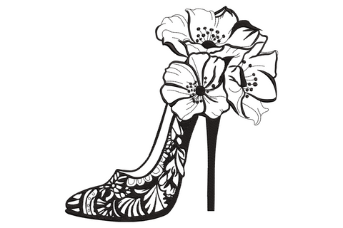 Floral high heel shoe embroidery, stiletto profile with botanical bloom and leaf pattern fills, single colour line-art.