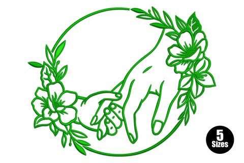 Adult and child holding hands inside a floral wreath embroidery design, satin outline, 5 sizes from 3.2 to 6.4 inches wide