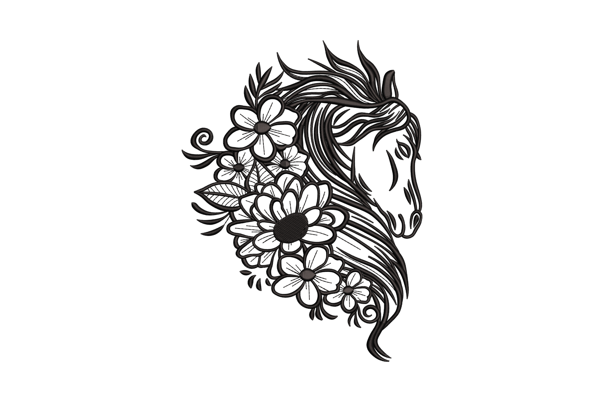 Blackwork horse head embroidery with flowing mane, large daisy and sunflower blooms, botanical leaf sprigs on white cotton.