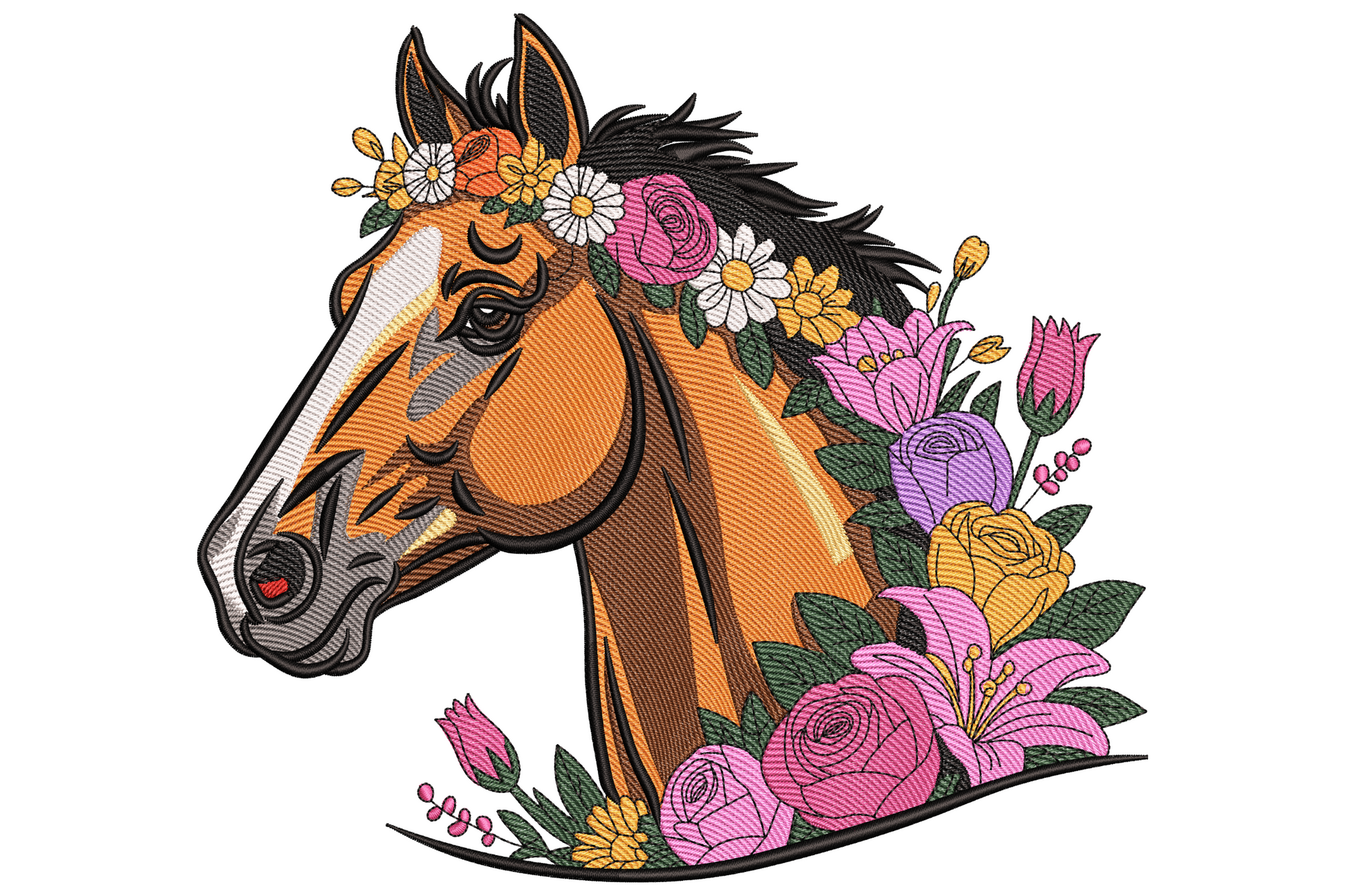 Floral horse head embroidery with auburn horse profile, black mane and a cascade of pink yellow purple roses and daisies.