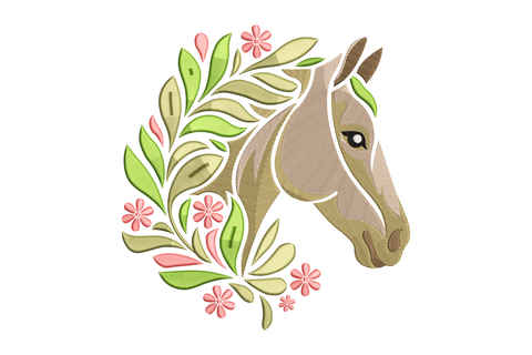 Illustration of a horse's head surrounded by floral elements on a white background