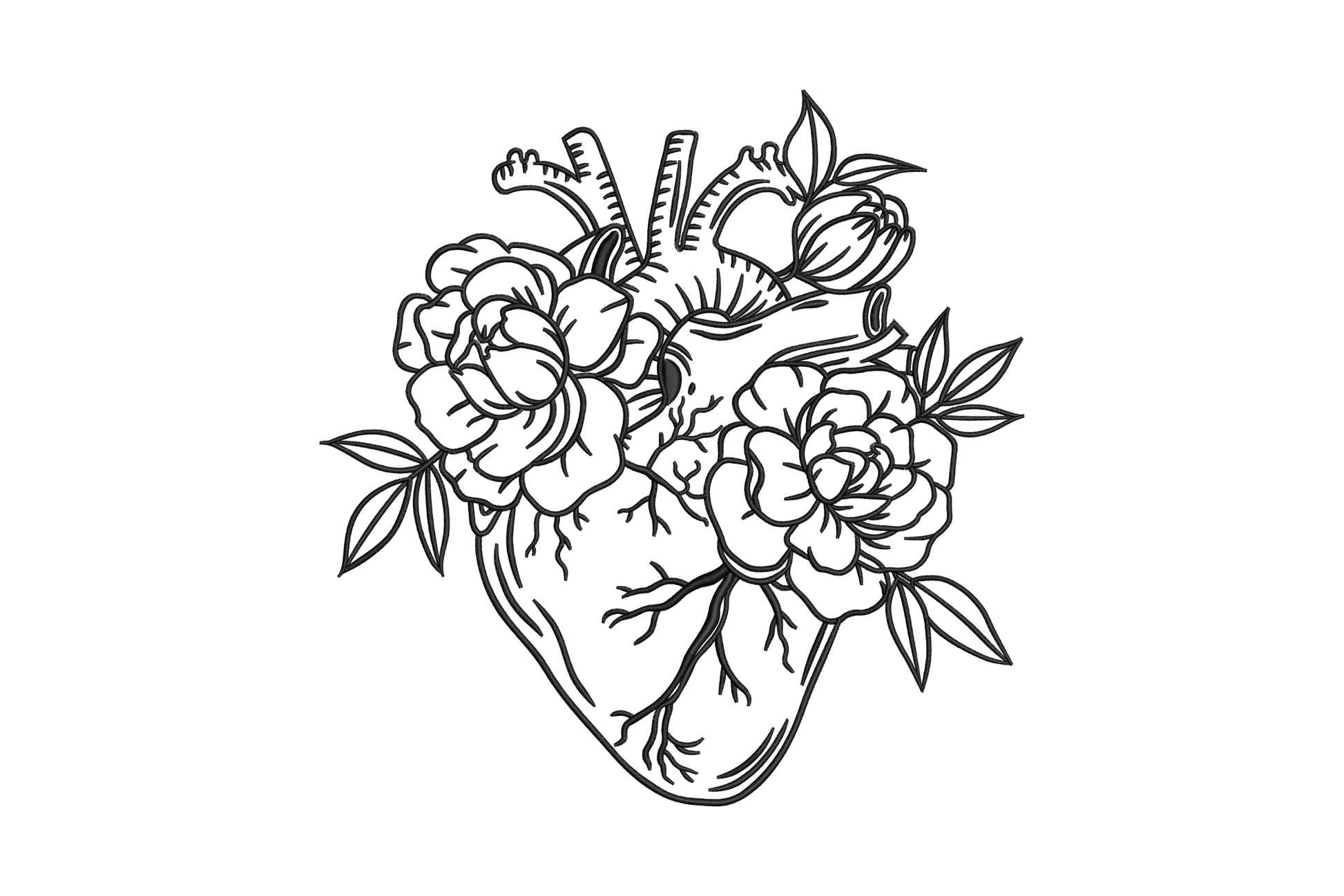 Floral human heart line art embroidery design, anatomical heart with peonies and leaves growing from the vessels, single black thread outline