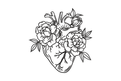 Floral human heart line art embroidery design, anatomical heart with peonies and leaves growing from the vessels, single black thread outline