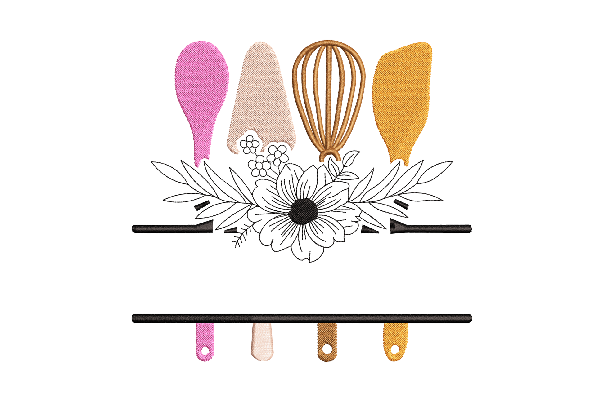 Floral kitchen tools split shelf embroidery in 5 colours with pink, peach and brown utensil handles and a daisy spray.